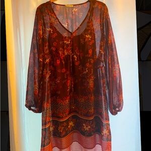 Maroon floral dress, sheer sleeves!